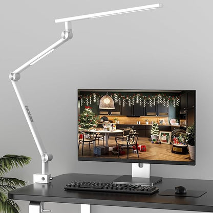 LED Desk Lamp, Desk Light for Home Office, Dual Light Source 18W Brightest, Eye-Caring Optical Lens, Office Lamp, 5 Color Modes & Brightness, Aluminum Alloy Drafting Light, Clamp Lamp, White
