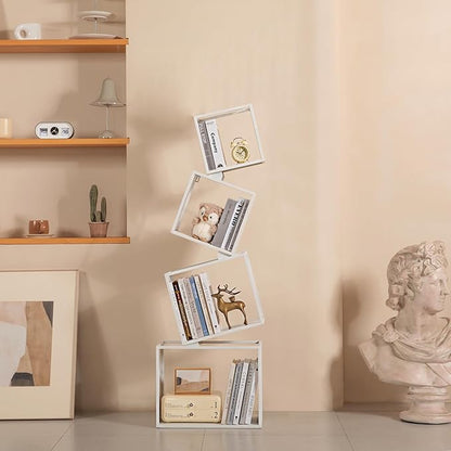 Bookshelf, 4-Tier Bookcase White, White Bookshelf, 4 Tier Bookshelf, 49''Tall Industrial Bookshelf, Modern Book Storage, Storage Shelves for CDs/Books/Home Decor, Display Shelf
