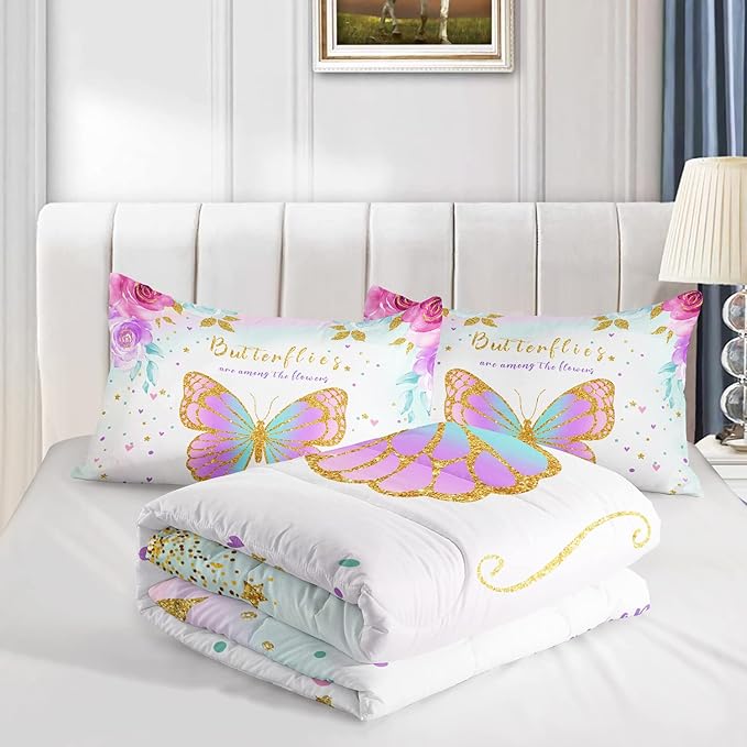 CVHOUSE Butterfly Bedding Set,Butterfly Comforter Queen,Butterfly Comforter Set for Girls Kids Teens,Butterflies Quilt Set with 1 Comforter and 2 Pillow Cases- 3 Piece