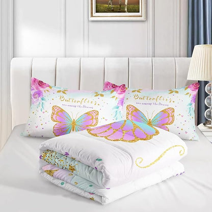 CVHOUSE Butterfly Bedding Set,Butterfly Comforter Twin,Butterfly Comforter Set for Girls Kids Teens,Butterflies Quilt Set with 1 Comforter and 2 Pillow Cases- 3 Piece
