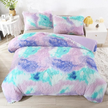 WINLIFE Shaggy Bedding Comforter Set Faux Fur Flannel Furry Comforter Plush Comforter Sets Pastel Gradient Ombre Tie Dye Purple Blue Teal Bedding for Girls Adults (3Pcs, Twin, Teal Purple)