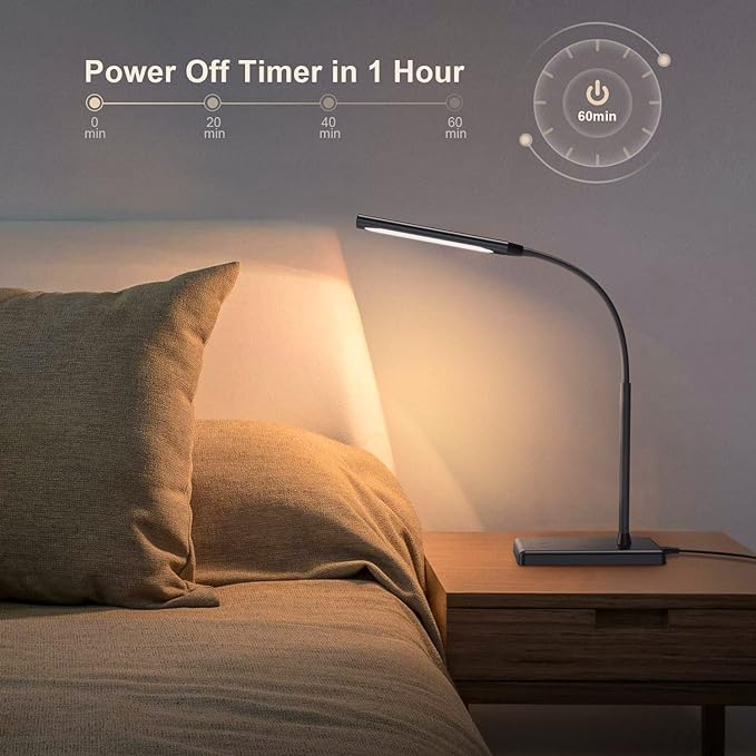 KEXIN LED Desk Touch Lamp with Wireless Charging & USB Charging Table Lamp 5 Color Modes 6 Brightness Levels Eye-Caring Gooseneck Desk Lamp for Home Office with Memory Function 1h Timer Bedside Lamp