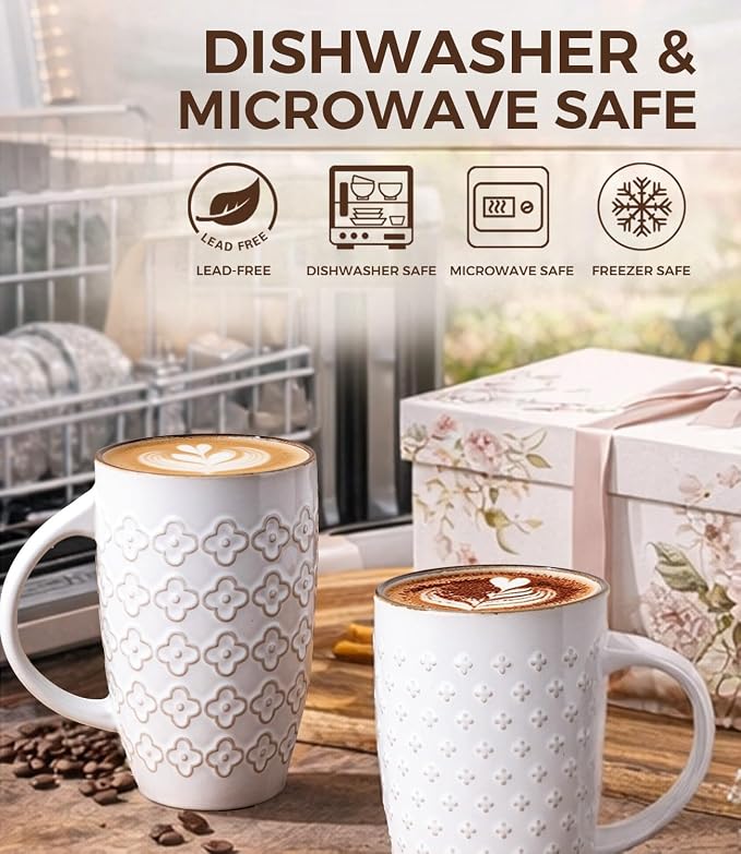 AmorArc Large Coffee Mugs Set of 6, 20oz Tall Coffee Mugs Set | with Texture Patterns for Cappuccino, Latte,Hot Cocoa, Dishwasher & Microwave Safe-Off White