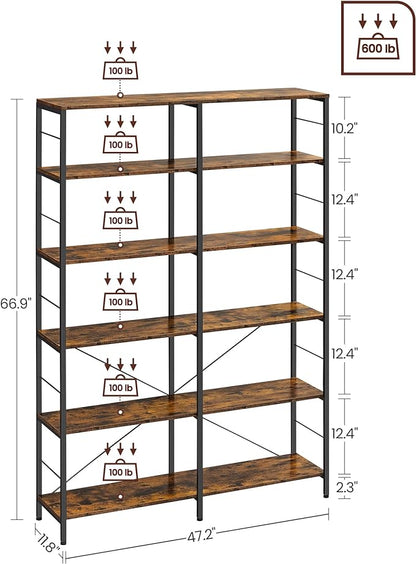 VASAGLE 6-Tier Tall Bookshelf, Bookcase, Large Metal Shelf, 11.8 x 47.2 x 67.9 Inches, for Living Room, Kitchen, Pantry, Study, Home Office, Rustic Brown and Black ULLS114B01