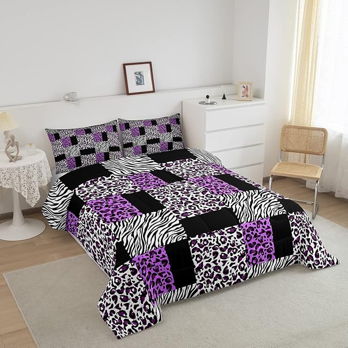 Erosebridal Patchwork Purple Cheetah Print Comforter Set Black White Zebra Bedding Set Queen for Teen Girls Women,Leopard Comforter Wild Animal Bedding Quilt with 2 Pillowcases Home Room Decor
