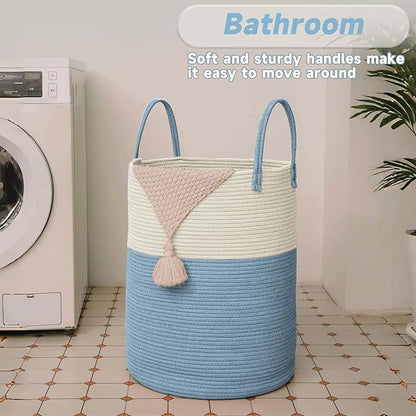 Large Woven Laundry Basket Hamper,100L Cotton Rope Storage Bin for Blankets,Toys and Clothes,Decorative Tall Nursery Hamper for Living Room,Baby Nursery,Bathroom and Bedroom,White and Blue
