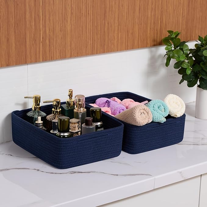 Large Shallow Organizing Baskets 15x11x5.1 Inches - Rope Woven Storage Bins for Bathroom, Shelves, Cube Closet, Navy Blue 2 Packs