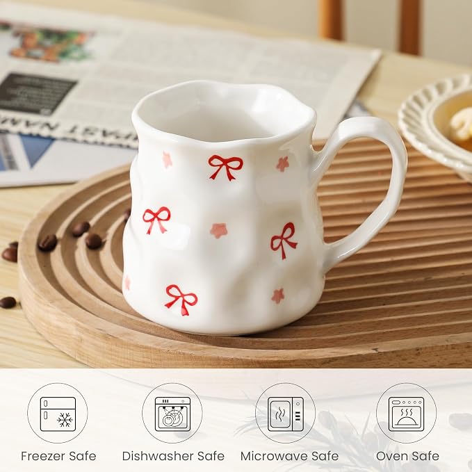 Ceramic Cute Coffee Mug,14 oz Pretty Mug,Unique Coffee Mug (Bows).Ceramic Mug For Women,Hand-Painted Coffee Cup