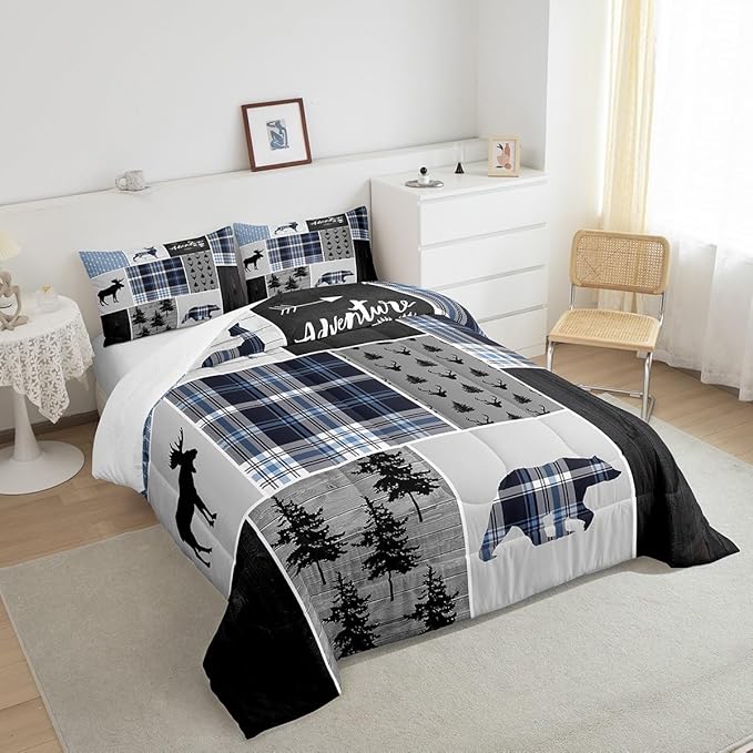 Rustic Adventure Kids Comforter Set Twin Size,Deer Bear Pine Trees Xmas Bedding Set for Boys Girls Adults Room Decor,Plaids Arrows Wooden Patchwork Down Comforter,Blue Duvet Insert,1 Pillowcase