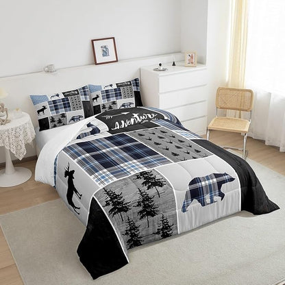 Rustic Adventure Kids Comforter Set Twin Size,Deer Bear Pine Trees Xmas Bedding Set for Boys Girls Adults Room Decor,Plaids Arrows Wooden Patchwork Down Comforter,Blue Duvet Insert,1 Pillowcase