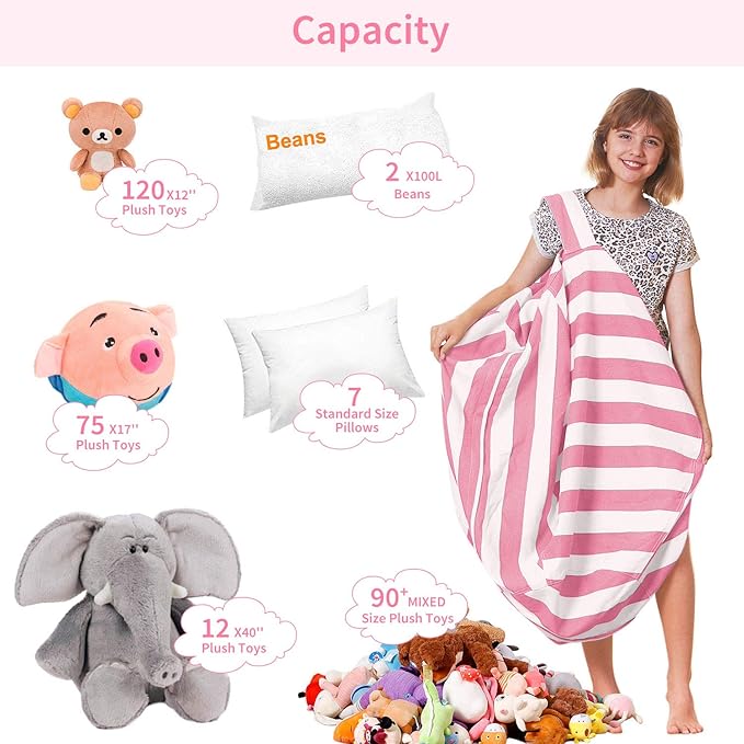 Aubliss Stuffed Animal Bean Bag Storage Chair, Beanbag Covers Only for Organizing Plush Toys, Turns into Bean Bag Seat for Kids When Filled, Large 38"-Canvas Stripes Pink/White
