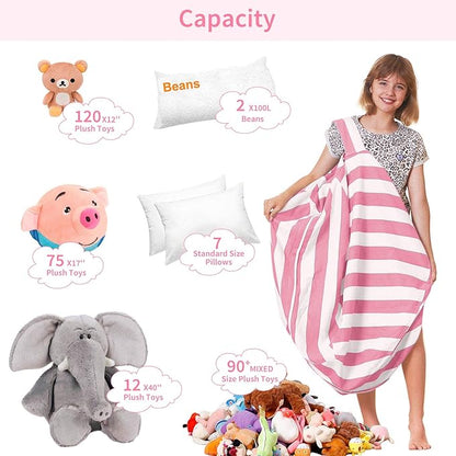 Aubliss Stuffed Animal Bean Bag Storage Chair, Beanbag Covers Only for Organizing Plush Toys, Turns into Bean Bag Seat for Kids When Filled, Large 38"-Canvas Stripes Pink/White