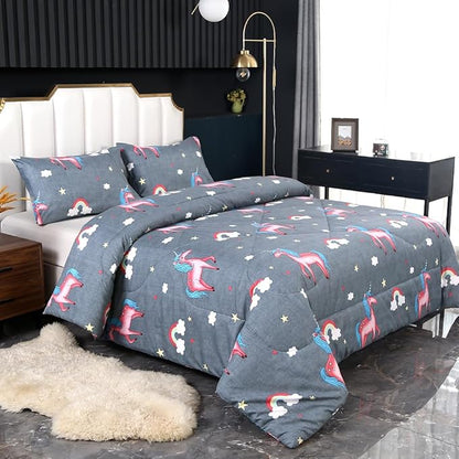 3PCS Gray Unicorn Comforter Set Twin, Bed in a Bag Unicorn Cute Room Decor, Wrinkle and Fade Resistant, Lightweight Twin Size Comforter Set for Boys, Girls Kids and Teens, Twin