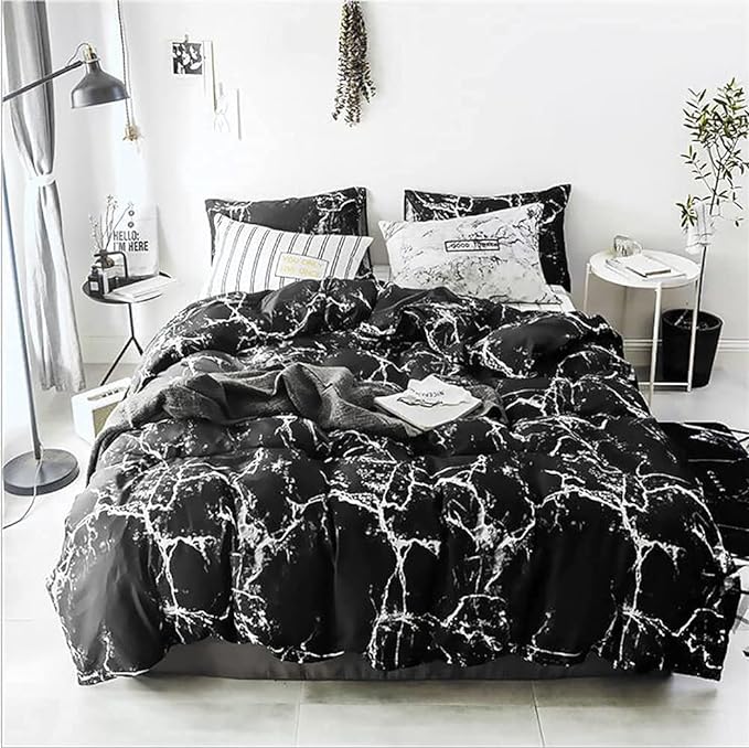 Black Comforter Set Boys Black Marble Bedding Set Twin Men Black Marble Blanket Lightweight Soft Teen Boy Girls Black Marble Quilt Set 3 PCs Bed Comforter Set Breathable Black Bedding Set