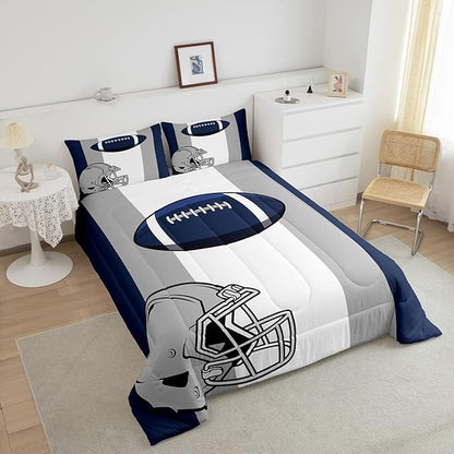 Feelyou Kids Football Comforter Set Queen Size Rugby Sports Bedding Set for Boys Teens Decor Soccer Ball Game Comforter American Football Grey Blue Duvet Set Quilt 3Pcs Boys