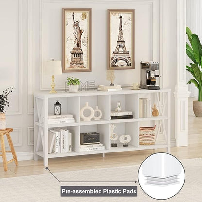 FATORRI 8 Cube Storage Organizer Bookshelf, Rustic Wood Cubby Bookcase, Industrial Horizontal Long Shelf for Living Room (White Oak, 62 Inch)