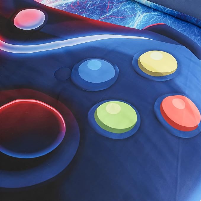 Meeting Story Gamer Gaming Bedding Sets Tie Dye Lightnings Gamepad Comforter Set for Boys Games Console Action Buttons Novelty Colorful Modern Room Decor Home Quilt Set (Queen, Red-Blue)