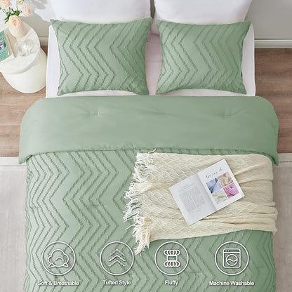 CozyLux Full Size Comforter Set Sage Green - 3 Pieces Boho Tufted Shabby Chic Bedding Comforter Set for All Seasons, Chevron Bedding Sets with Comforter & 2 Pillow Shams