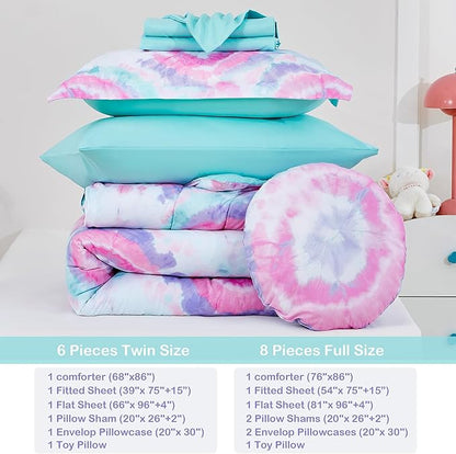 Mooreeke Tie Dye Kids Comforter Bed Set Full Size for s Girls, 8 Pieces Bed in a Bag with Shams, Sheet Set, A Toy Pillow Dark Pink Round Flower Full Soft Microfiber Kids Comforter Bedding Set