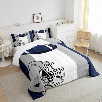 Feelyou Kids Football Comforter Set Queen Size Rugby Sports Bedding Set for Boys Teens Decor Soccer Ball Game Comforter American Football Grey Blue Duvet Set Quilt 3Pcs Boys