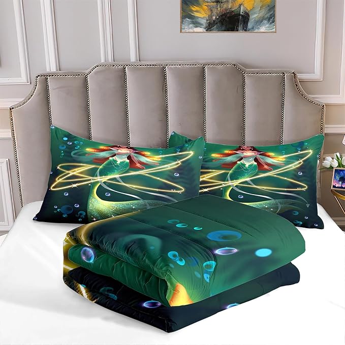 Mermaid Full Size Bedding Set Mermaid Bedding Full Bubble Mermaid Set for Girls Beautiful Mermaid Fairy Tale Bedding Set with 1 Comforter and 2 Pillowcases for Girls Bedroom Decor, Full Size
