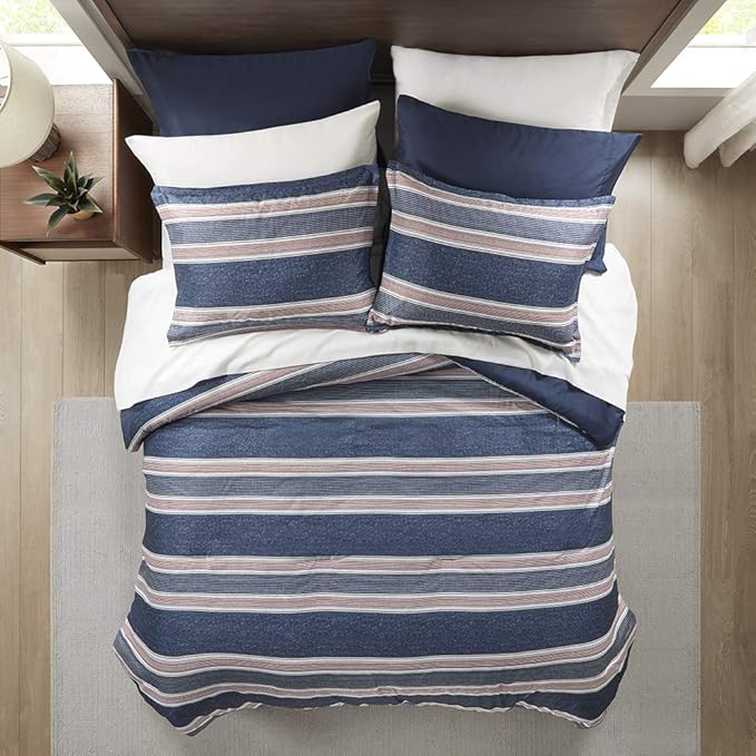 Comfort Spaces Bed in A Bag Comforter Set - College Dorm Room Essentials for Boys Men Bedding, Complete Dormitory Bedroom Pack And Sheet with 2 Side Pockets, King, Stripes Navy/Red