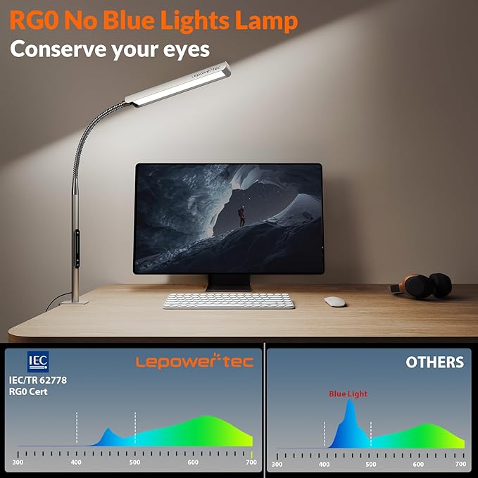 Desk Lamps for Home Office, RG0 Eye-Caring Desk Light, 750LM Desk Lamp, 10 Brightness Touch Table Lamp, 6 Color Temperature, 3 Timer Function, Metal Gooseneck Desk Lamp for Home & Office