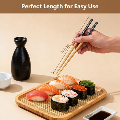 Antner 5 Pairs Reusable Bamboo Chopsticks with Ceramic Rests, 8.8 Inch Japanese Style Chop Sticks with Chopstick Holders for Sushi Ramen Asian Cuisine, Elegant Black Gift Box for Home or Gift Giving