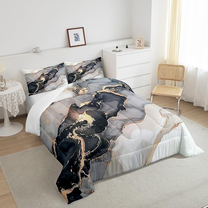 Erosebridal Black Marble Bedding Set Twin,Black and Grey Marble Comforter Set Men Teens Boys Modern Gray Orange Abstract Art Tie Dye Down Comforter Kids Gothic White Gold Marble Duvet Insert Soft