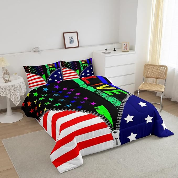 Erosebridal American Flag Comforter Set Rainbow Pride Bedding Set Queen Size for Kids Boys Teens Bedroom,USA Federations Stars Stripes Down Comforter Unique Zipper Design Quilted Duvet, Colorful
