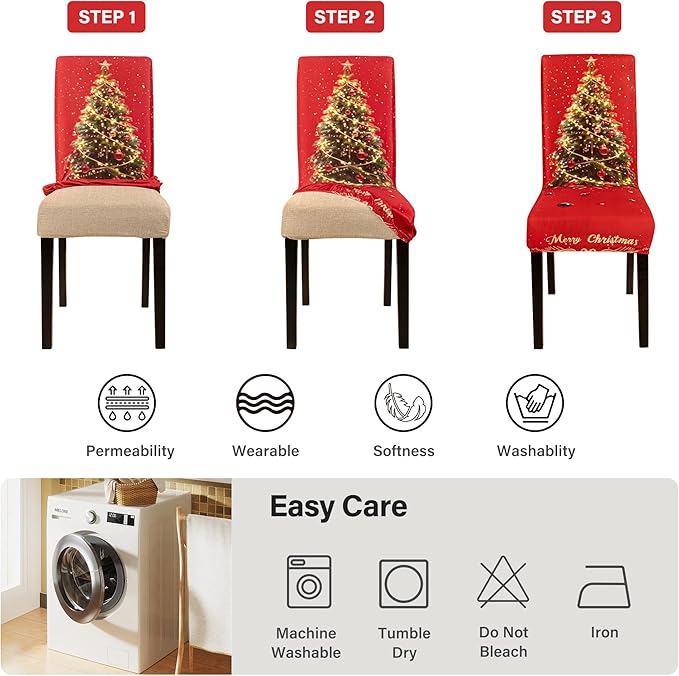 4PCS Christmas Dining Chair Covers Stretch Removable Washable Dining Room Chair Protector Slipcover 3D Print Xmas Tree Bow Tie Kitchen Chair Cover Slipcovers for Xmas Holiday Party Home Décor