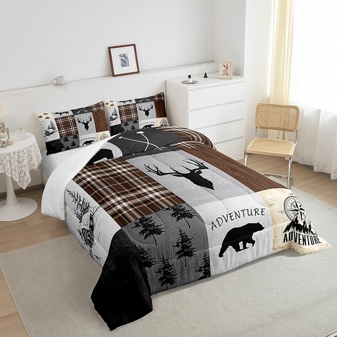 Deer Antler Comforter Set Full Size,Bear Paw Pine Trees Rustic Farmhouse Bedding Set for Boys Girls Adults Room Decor,Geometric Plaids Arrows Down Comforter,Brown Retro Duvet Insert,2 Pillowcases