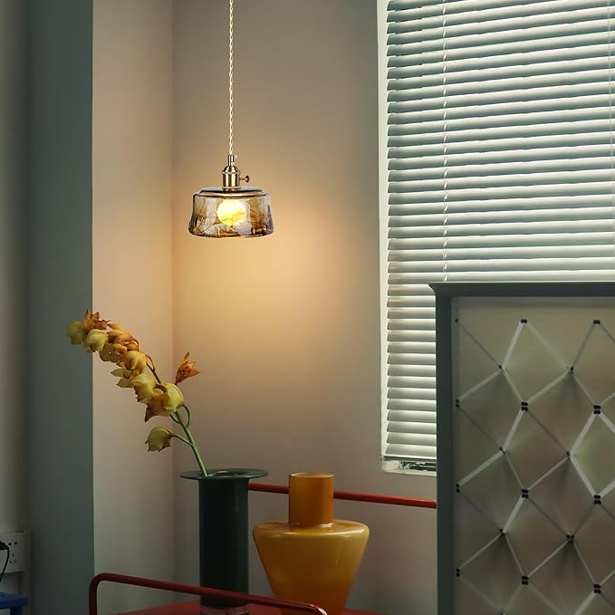 Sedelan Galss Pendant Light, Vintage Pendant Lights Kitchen Island Adjustable Tea Color-Amber Hanging Light Fixture for Living Room Dining Room Bedroom E26