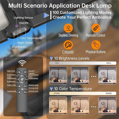 LED Desk Lamp for Home Office, Bright Adjustable Gooseneck Architect Desk Lamp with Clamp, Smart Dimmable Computer Desk Lamp with Remote & Sensor, Clip Table Light for Work Study Reading, 24W