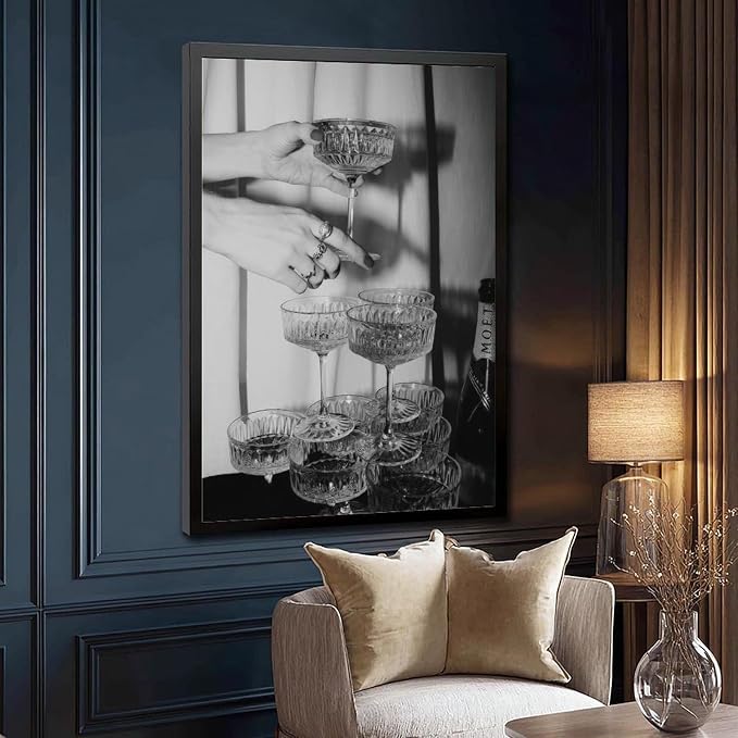 Champagne Glasses Wall , Black And White Art, Wine Glasses Poster, Bar Cart , Cocktail, Retro Photography, Bar Wall Decor Canvas Poster Bedroom Decor Sports Landscape Office Room Decor Gift Black Fram