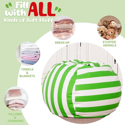 Wekapo Stuffed Animal Storage Bean Bag Chair Cover for Kids | Stuffable Zipper Beanbag for Organizing Children Plush Toys Large Premium Cotton Canvas (Green, X-Large)