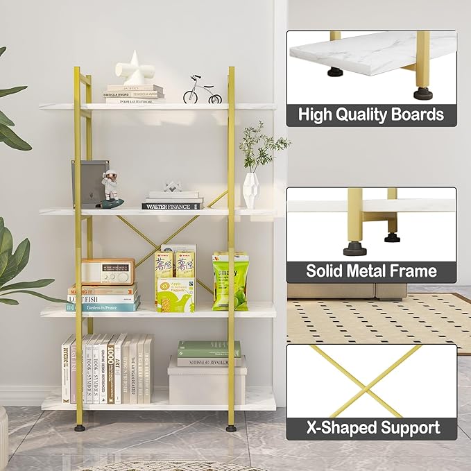 Bookshelf 4 Tiers White and Gold Wooden Storage Shelf,Modern Open Display Storage Bookcase Book Organizer,Metal Bookshelf Standing Storage Shelf Tall Shelving Units for Home Office Study