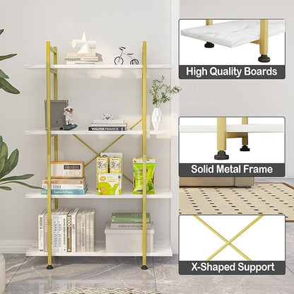 Bookshelf 4 Tiers White and Gold Wooden Storage Shelf,Modern Open Display Storage Bookcase Book Organizer,Metal Bookshelf Standing Storage Shelf Tall Shelving Units for Home Office Study