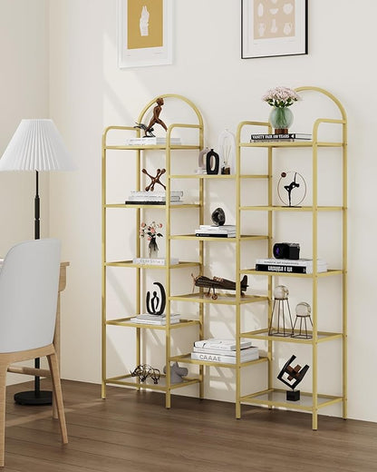 5 tier Bookcase Bookshelf, Tempered Glass Bookshelves, Triple Wide Glass Storage Rack with 14 Open Storage Spaces, Display Shelf for Living Room, Home Office, Bedroom, Gold BC50101G