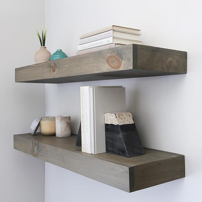 Modern Floating Shelves 3 Inches Thick for Wall, Wide Shelves for Kitchen, Living Room, Bedroom, and Bathroom, Natural Pine Wood, Rustic Wooden Shelf, (Set of 2) (Aged Barrel, 36Lx3Hx6D)