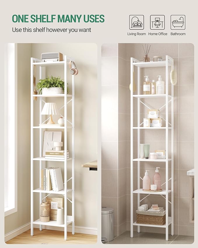 Bookshelf, Book Shelf, Industrial Bookcase with 2 Hooks, Coner Shelf Storage Organizer for Home Office, Living Room, Bedroom, Kitchen, 6-Tier White BC10713W