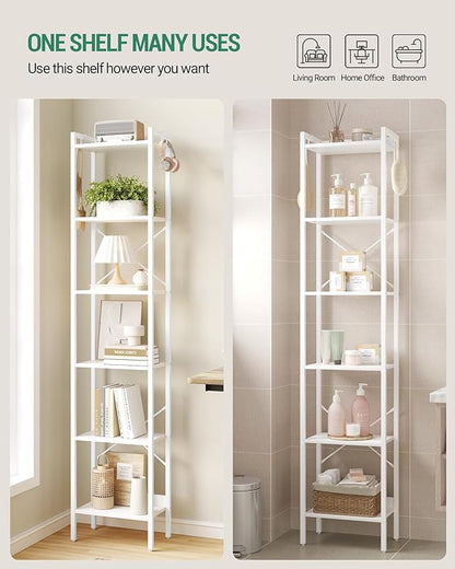 Bookshelf, Book Shelf, Industrial Bookcase with 2 Hooks, Coner Shelf Storage Organizer for Home Office, Living Room, Bedroom, Kitchen, 6-Tier White BC10713W