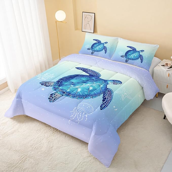 Turtle Comforter Twin Size,Ocean Comforter Set for Kids Teens Girls Boys,3Pcs Bedding Set Printed Comforter with 2 Pillowcases,Down Alternative,Soft and Lightweight(Blue，Twin Size)