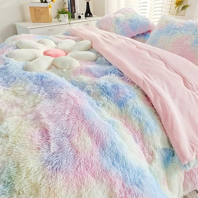 Faux Fur Kids Girls Sunshine Rainbow Comforter Sets Twin/Full - 3PC Bed Set Warm Comfortable Soft Plush Flannel Velvet Fluffy Fuzzy Bedding（Comforter x 1 Pillowcases x 2）