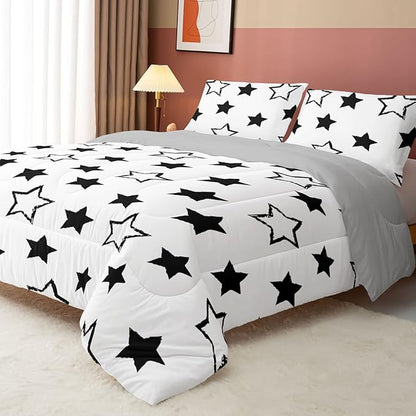 Axolotl Kids Twin Bedding Comforter Set,3Pcs Super Cute Soft Black and White Stars Quilt Set Bed in A Bag with 1 Comforter 2 Pillowcases for Kids Boys Girls Teens Adults Room Decor All Season