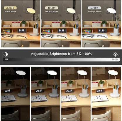 comzler Small Desk Lamp for Kids, LED Desk Lamps with Pen Phone Holder, White Desk Light for Home Office,8W 3 Modes Dimmable LED Desk Light for Kids, Desktop Study Lamps for Bedrooms