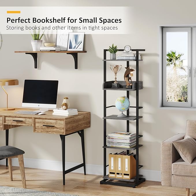 Bookshelf 5-Tier Book shelf - Narrow Wood Bookcase Tall Corner Book Shelves Storage Organizer Display Book Rack for Living Room Bedroom Office Home Grey