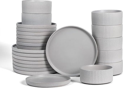 Stone Lain Haven Stoneware 24-Piece Dinnerware Set, Grey - Plates and Bowls Sets for 8, Elegant Dish Set, Includes Dinner Plates, Salad Plates Cereal Bowls, Microwave & Dishwasher Safe