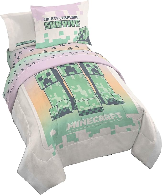 Minecraft Creeper Full Comforter Set - 7 Piece Bedding includes Sheet Set & Pillow Covers - Super Soft Pink & Green Kids Bedding