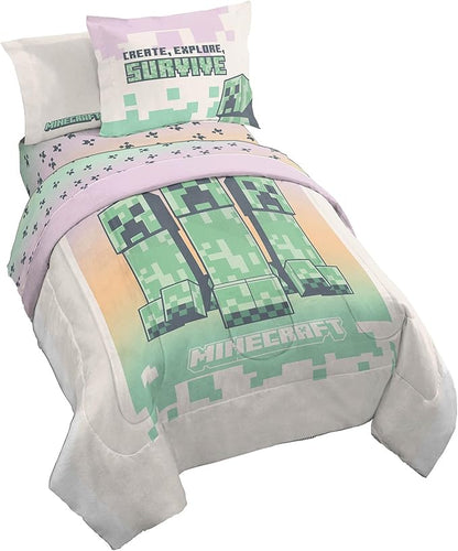 Minecraft Creeper Full Comforter Set - 7 Piece Bedding includes Sheet Set & Pillow Covers - Super Soft Pink & Green Kids Bedding